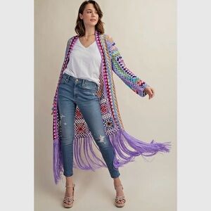 Sweet Generis S/M Purple Multi Crochet Fringe Cardigan Grannycore Cottagecore